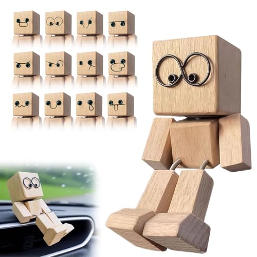 Resiprolty Statuetta oscillante per auto, statuetta di legno oscillante, in legno, con 12 beccucci magnetici per il viso, figura oscillante, per la decorazione del cruscotto