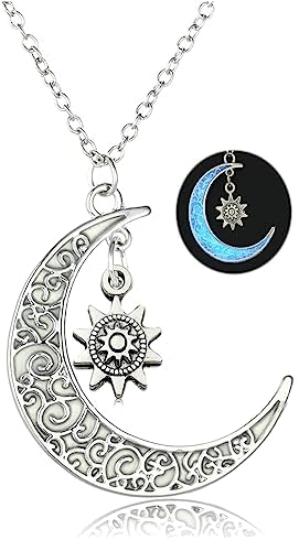 Sun Moon Crescent Star Necklace for Women Men Luminous Moon and Sun Star Pearl Pendant Necklace Girls Glow in the Dark Jewelry Gift