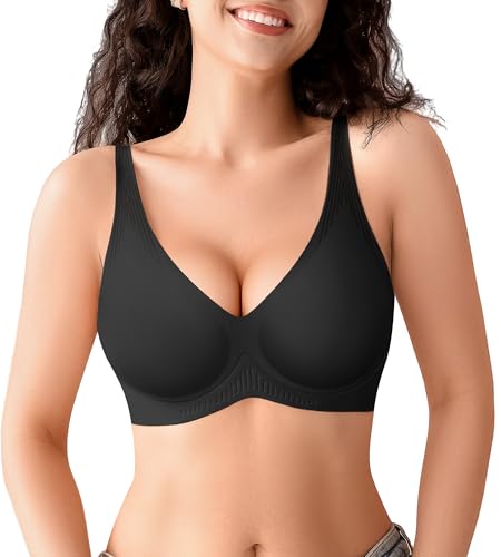 DeAngelmon Jelly Bras for Women Deep V Wireless Seamless Bra Womens Bralette(Black,XL)