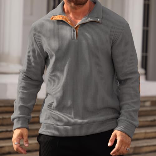 Men's Quilted Sweatshirt Casual Corduroy Quarter Button Up Pullover Long Sleeve Stand Collar Polo3