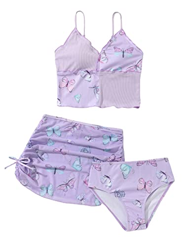 WDIRARA Girl's 3 Piece Set Floral Butterfly Print Colorblock Swimwear Tie Side Onepiece Swimsuit Bikini Set
