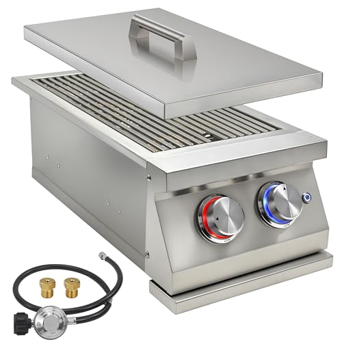 Built-in Double Side Grill Burners for Outdoor Kitchen, 2x17,000BTU Liquid Propane Side Burner, Convertible to Natural Gas, 304 Stainless Steel Double Side Burners with LED for BBQ Grill Island