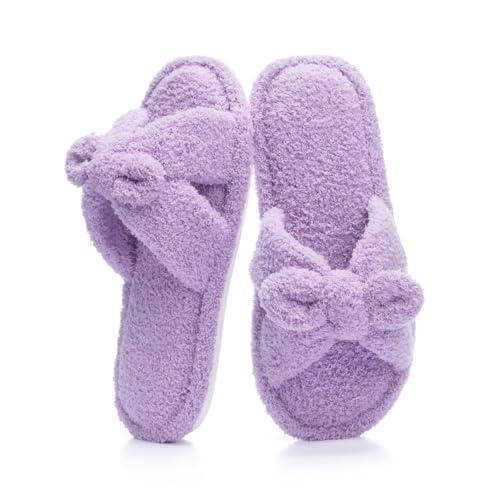 TUOBUQU Cute Bow Slippers for Women Fuzzy Open-toe Slippers Soft Comfy Memory Foam Indoor House Shoes Purple38/39