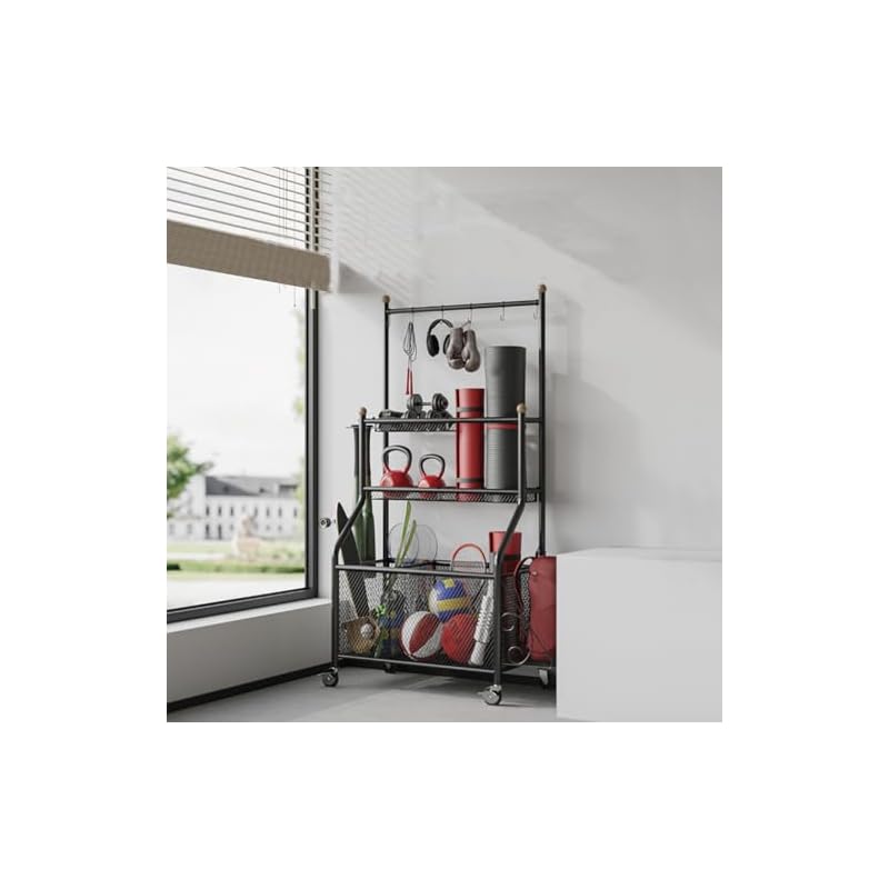 Home Gym Storage Rack, Yoga Mat Weight Rack with Lockable Wheels & Adjustable Hooks Weight Stand for Dumbbells, Yoga Mat Storage, Home Exercise, Fitness Gear - Image 7