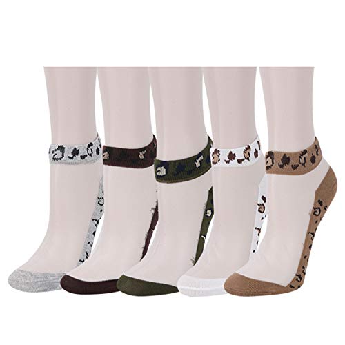 Girls Women Ultrathin Transparent Sheer Mesh Lace Fishnet See Through Funny Ankle Socks Liner 5 Pairs,Leopard