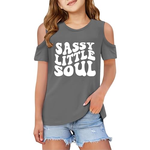 Kids Off The Shoulder T Shirts Girls Age 3-12 Years Short Sleeve Crewneck Graphic Tshirts Teenage Girls Summer Comfy Cute Cartoon School Casual Sports Children Tops Blouse (Grey, 11-12 Years)