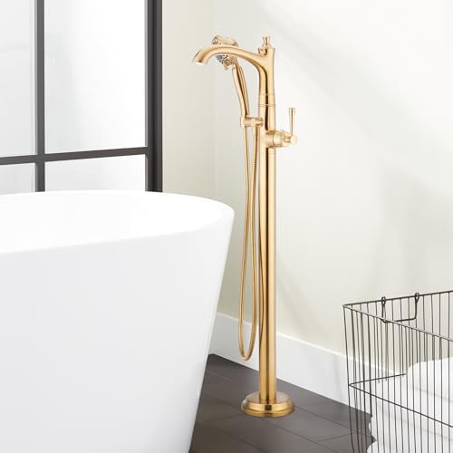 Signature Hardware 948654-LV Beasley Floor Mounted Tub Filler with Hand Shower - Less Rough-In Valve - Brushed Gold