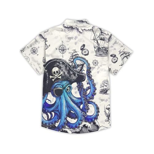 Image of THE PIRATE KING Funny Pirate Hawaiian Shirt Boys Girls Beach Tropical Casual Short Sleeve Button Down Shirt for 5-14 Years