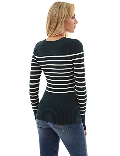 PattyBoutik Women Crewneck Striped Military Sweater (Dark Green and Ivory Medium) - Thumbnail 3