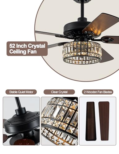 Image of 52'' Black Chandelier Fan Crystal Farmhouse Ceiling Fan with Light