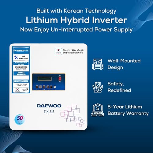 Image of DAEWOO Lithium Hybrid Inverter with Inbuilt Battery for Home, Offices & Shops | Upto 10 to 12 Years Life Integrated | Wall Mount | Warranty 3 Years on Inverter & 5 Years on Battery - 1.24kVA