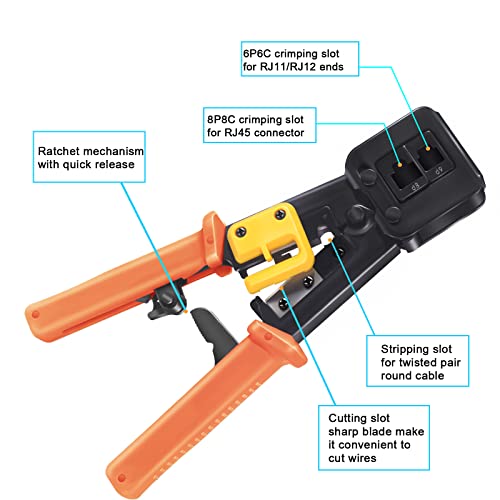 RJ45 Crimp Tool Ethernet Crimper for RJ45 Cat6 Cat5 Cat5e Pass Through Connectors and RJ12 Plug Ends with 50PCS Cat6 Connectors, Ethernet Cable Tester and Mini Wire Stripper