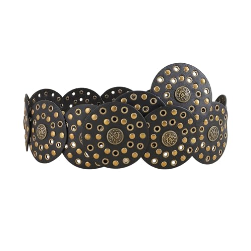 MOMOJIA Eye Catching Wide Disc Belt Adult Decorative PU Waist Belt For Women Coat Dress Wear Adjustable Length Western Belt