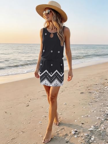 Image of SAUKOLE Womens Summer Causal Loose Sleeveless Crew Neck Drawstring Waist Mini Short Dress with Pockets