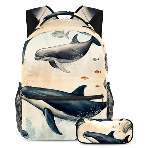 Cartable baleines et poissons vintage pour soulager le dos des adolescents et grands étudiants