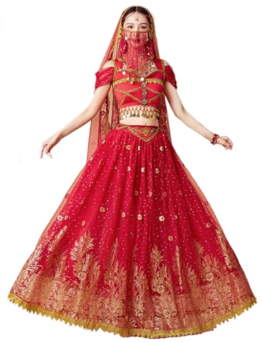 ORIDOOR Ladies Dress up Costumes Indian Aladdin Jasmine Princess Belly Dancing Bollywood Costumes Medium 03-Red