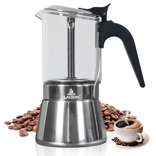 Image of LAOION Stovetop Espresso Maker, 9Cup 360ml Moka Pot, Crystal Glass-top & Stainless Steel Coffee Maker Mocha Pot, Greca De Cafe, Cuban and Italian Coffee Maker for Cafetera Cubana