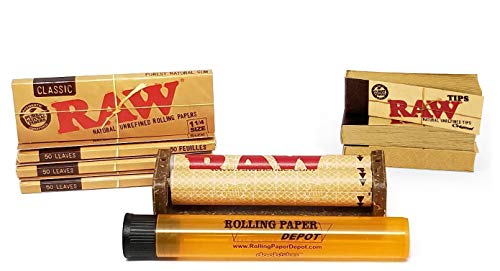 Bundle - 9 Items - Raw Unbleached Classic 1 1/4 Size Rolling Papers (4 Packs), RAW Roll-Up Tips (3 Packs), RAW 79mm Cigarette Roller and Rolling Paper Depot Kewl Tube
