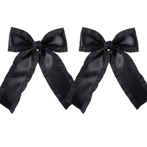 Black Satin Ribbon Hair Bow Clips with Long Tail 4' Cute Double Ruffle...