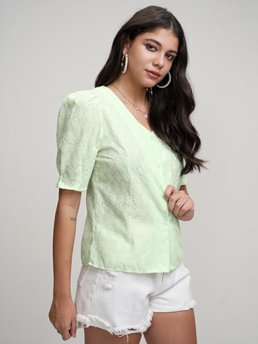 Image of Tokyo Talkies Women's Elegant Embroidered V-Neck Shirt | Button-Front with Short Puff Sleeves for A Chic Look | Tops for Woman | Women Tops | Stylish Top