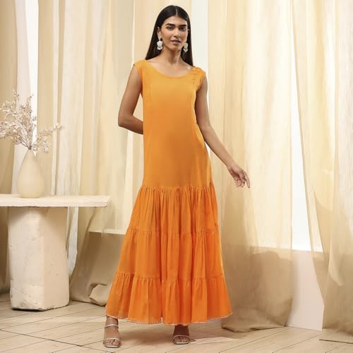 Image of BIBA Women Orange Poly Chanderi Dress