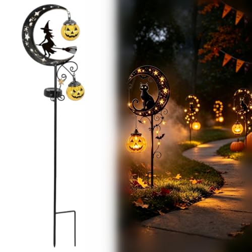 Solar Halloween Black Cat & Pumpkin Moon Garden Stake Light, Metal Crescent Moon & Pumpkin Lantern, Outdoor Waterproof LED Yard Decoration with Crescent Moon, for Patio Lawn Path Yard (E #) - image 1