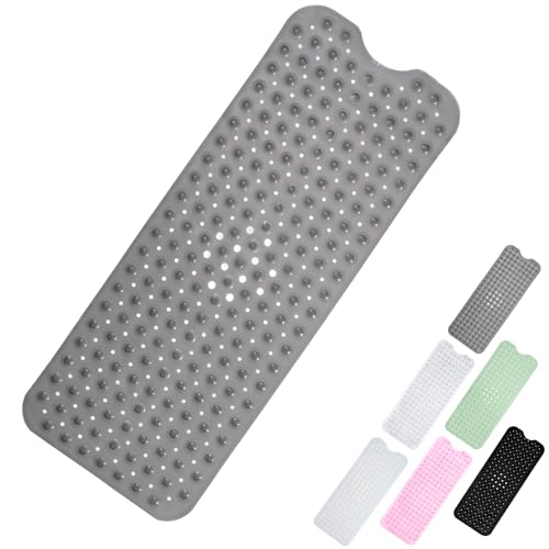 Shower Bath Mat 100x40cm,Extra Long Shower Mat Anti Mould Bath Mats Grey,Non Slip Bath Mat for Tub,Shower Mats with Suction Cups,Drain Holes,Machine Washable Bathroom Bathtub for Kids,Elderly