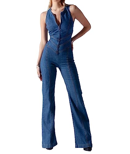 xxxiticat Damen Denim Jumpsuit Front Zip Up Deep V Neck Sexy ärmellose Bell Bottom Pants Strampler(BE,L)
