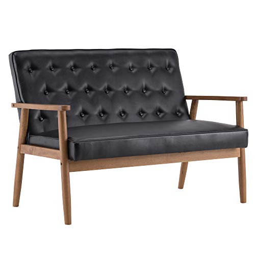 Soso-Bantian1989 Solid Wood Frame Couch, Loveseat With Faux Leather Cushion, Sectional Two-Seater Sofa (Black) #TOP2