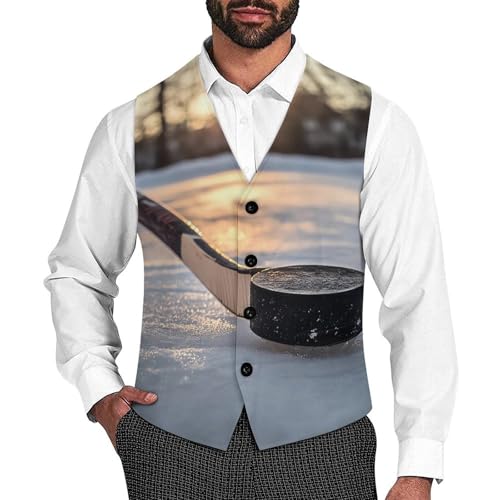 Hockey Puck And Stick Sliding Across The Ice Men's Suit Vests Dress Vest V-Neck Waistcoat Slim Business Formal with Pocket
