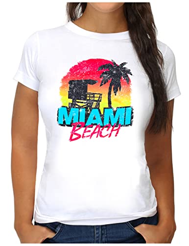 OM3® Miami Beach T-Shirt - Damen - South Beach Florida Ocean Drive Vintage Style USA - XL, Weiß