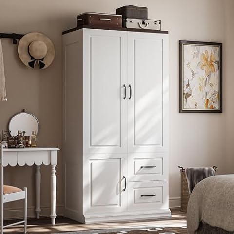 ANCTOR Wardrobe with Drawers, 71.1" H Wooden Closet with 2 Doors and Hanging Rod for Hanging Clothes, Tall Bedroom Freestanding Armoire Storage Cabinet, Stand Alone Clothing Organizer Closet, White Cover