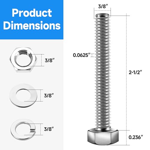 Image of (6 Sets) 3 /8 Bolt, 3 /8-16 x 2-1 /2 inch Hex Head Screws, Assorted Screws Nuts and Bolts with Flat & Lock Washers, Stainless Steel 3 /8 Bolts and Nuts Set, Fully Threaded by Marysino
