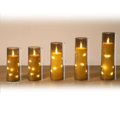 Image of Flameless LED Candles with Timer Acrylic Shell Flickering Flameless Candles for Romantic Ambiance and Home Decoration with Embedded Star String Battery Operated Candles 5 Pack（Grey）