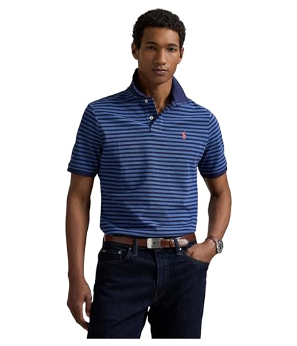 Image of Polo Ralph Lauren Mens Classic Fit Striped Mesh Polo Shirt, Fog Blue Heather/Newport Navy, S