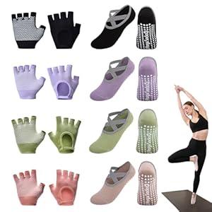 8 Pairs Yoga Grip Gloves and Socks, Non Slip Yoga Pilates Socks Gloves for Women Ladies with Grips & Straps, Ideal for Ballet Pilates Hospital Home Barre Workout
