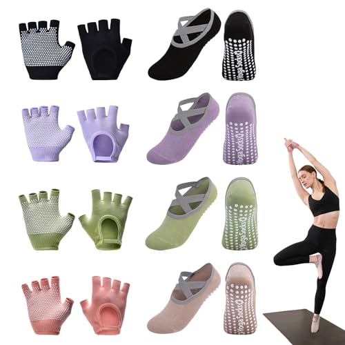 8 Pairs Yoga Grip Gloves and Socks, Non Slip Yoga Pilates Socks Gloves for Women Ladies with Grips & Straps, Ideal for Ballet Pilates Hospital Home Barre Workout
