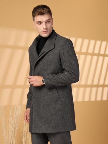 Image of CHKOKKO Men Stylish Long Winter Coat Single Breasted Thigh Length Overcoat with Elegant Spread Collar & Practical Front Side Pockets for Formal or Semi-Formal Occasions