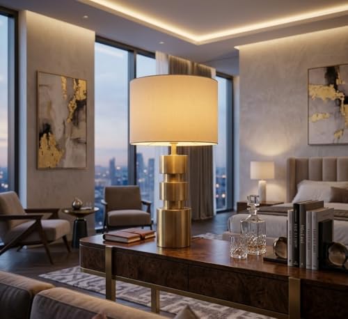 Image of Modern Gold Cylinder Table Lamp with Iridescent Glass Shade - Luxury Metallic Bedside Light for Living Room & Bedroom Decor