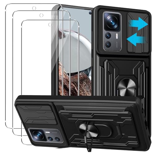 KZIOACSH Case for Xiaomi 12T/12T Pro, Built-in Kickstand+Slide Camera Cover+Removable Card Holder Military Grade Rugged Armor Case Anti-Scratch Bumper Cover with 3 Tempered Glass Screen Protector