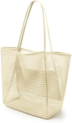 Mesh Tote Beach Bag For Women Fairycore Hobo Bag,Shoulder Bag Casual Crochet Bags Beige