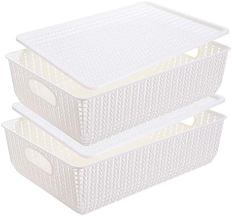Rattan Storage Bins Woven Storage Basket Decorative Plastic Organizer Box with Handles Lids for Household Organization Closet Office Supplies, 13.7 x 9.6 x 4.1 inches, Set of 2