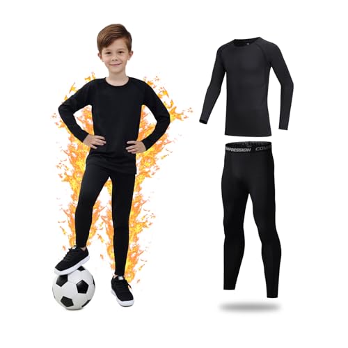 Kelvindra Base Layer Kids - Fleece Lined Skins for Boys Athletic Warm Football Skins Suit for 4~13 Age Long Sleeve Top & Bottom Kids Thermal Base Layer Set for Ski Running and Daily Life Black
