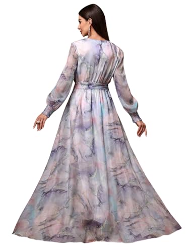 Image of LITZO Dress for Women || Women's Printed Wrap Maxi Gown || V‑Neck Long Sleeve Belted Flowy Dress for Parties, Weddings & Evening Events || Lightweight Sheer Layer Western Outfit (T-L-14-16)