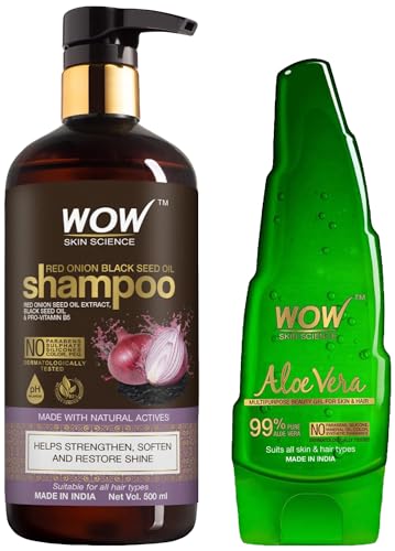 WOW Skin Science Onion and Black Seed Shampoo 500ml & WOW Skin Science Aloe Vera Multipurpose Beauty Gel for Skin and Hair