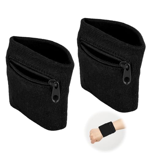 2 Stück Schweißband mit Reißverschluss, Handgelenktasche mit Praktischer Reißverschlusstasche Sport Handgelenk Tasche Baumwoll Schweißband Arm für Jogging Basketball und Tennis Sport (Schwarz)
