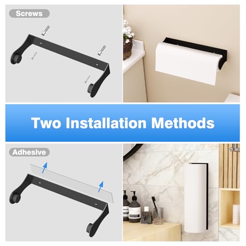 Image of Paper Towel Holder Under Cabinet, Adhesive or Screw Mount, Fits Standard & Mega Rolls, Wall Mount Rack for Kitchen, Bathroom, RV, Black
