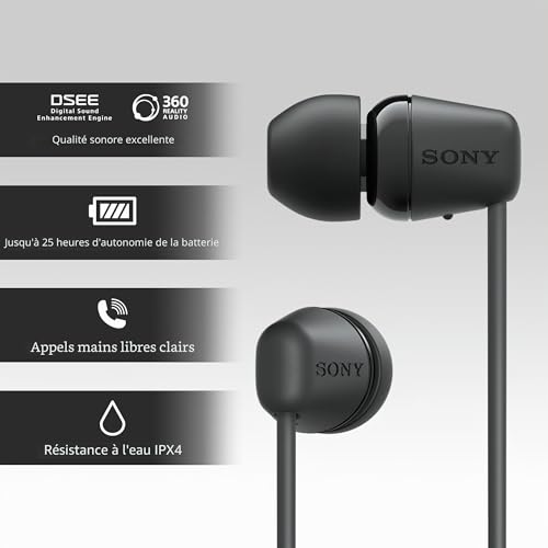 Sony WI-C100 Écouteurs sans Fil Bluetooth - Jusqu'à 25 Heures d'autonomie - Microphone intégré pour Les appels téléphoniques - Compatible Assistants vocaux - Noir – vue 4