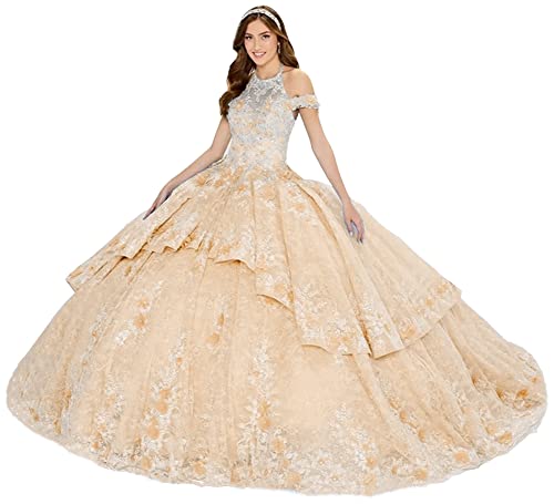 Robe de bal dos nu en perles pour femme TSxuelian - Dentelle et traîne champagne 40