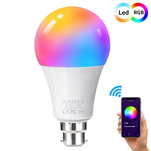 AISIRER Bombillas WiFi inteligentes con B22 Bayonet regulable, no requiere concentrador, funciona con Alexa, Google Home e IFTTT (7W equivalente a 60W y 2700K) B22 (1 paquete) RGB y blanco cálido